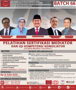 [MDTR-66] Pelatihan Sertifikasi Mediator dan Uji Kompetensi Konsiliator 23-27 November 2026 (Online), Uji Kompetensi 2 Desember 2026 (Offline)