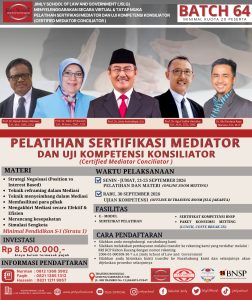 [MDTR-64] Pelatihan Sertifikasi Mediator dan Uji Kompetensi Konsiliator 21-25 September 2026 (Online), Uji Kompetensi 30 September 2026 (Offline)