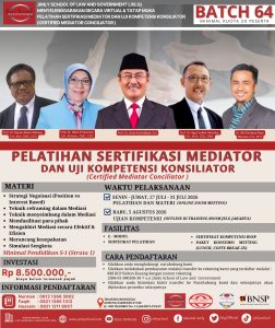 (MDTR-64) Pelatihan Sertifikasi Mediator dan Uji Kompetensi Konsiliator 27-31 Juli 2026 (Online), Uji Kompetensi 5 Agustus 2026 (Offline)