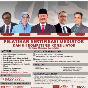 (MDTR-64) Pelatihan Sertifikasi Mediator dan Uji Kompetensi Konsiliator 27-31 Juli 2026 (Online), Uji Kompetensi 5 Agustus 2026 (Offline)