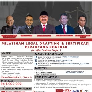 [LGL 114] Pelatihan dan Sertifikasi Perancang Kontrak (Certified Contract Drafter), Pelatihan: 21-23 Oktober 2026 (Online), Sertifikasi 30 November 2026 (Online), Uji Kompetensi 3 / 4 Desember 2026 (Offline)