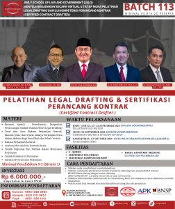 [LGL 113] Pelatihan dan Sertifikasi Perancang Kontrak (Certified Contract Drafter), Pelatihan: 23-25 September 2026 (Online), Sertifikasi 28 September 2026 (Online), Uji Kompetensi 1 / 2 Oktober 2026 (Offline)