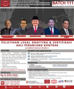 [LGL 111] Pelatihan dan Sertifikasi Perancang Kontrak (Certified Contract Drafter), Pelatihan: 28-30 JULI 2026 (Online), Sertifikasi 4 Agustus 2026 (Online), Uji Kompetensi 6-7 Agustus 2026 (Offline)