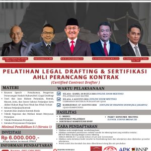 [LGL 111] Pelatihan dan Sertifikasi Perancang Kontrak (Certified Contract Drafter), Pelatihan: 28-30 JULI 2026 (Online), Sertifikasi 4 Agustus 2026 (Online), Uji Kompetensi 6-7 Agustus 2026 (Offline)